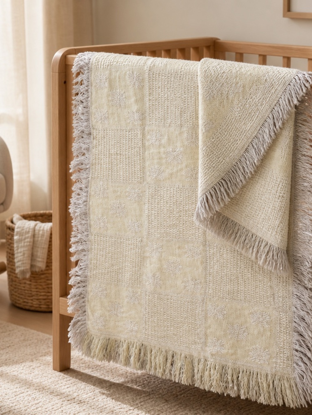 Vintage Fringed Yellow And White Nursery Blanket